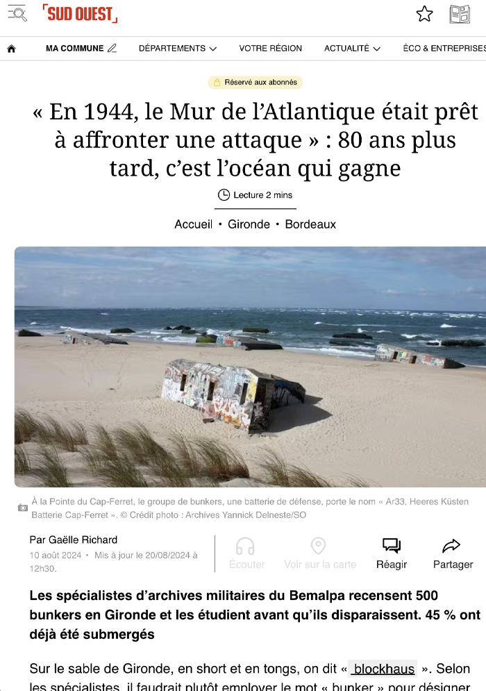 Article du Journal Sud-Ouest consacré au Mur de l'Atlantique en Gironde et aux travaux du BEMALPA