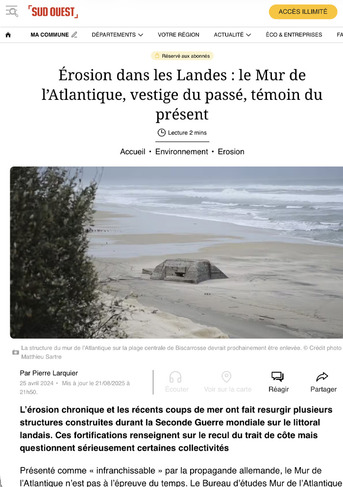 Article du journal Sud-Ouest sur le Mur de l'Atlantique dans les Landes